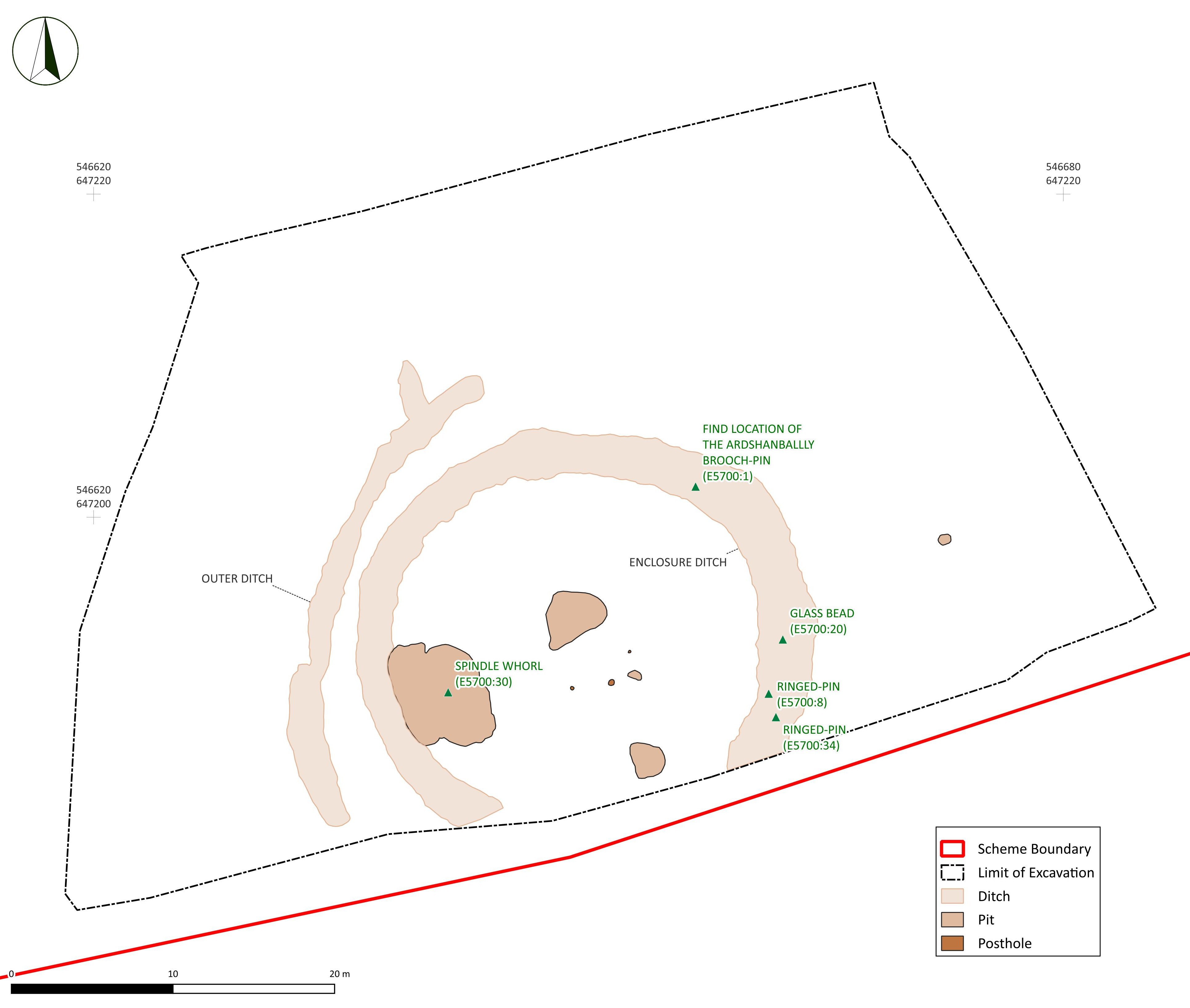 Illustration 3: Archaeological site plan of Ardshanbally 1, showing the find location of the Ardshanbally brooch-pin, as well as other objects including two ringed-pins, a spindle whorl made of antler, and a glass bead (possibly ninth-century in date) (Figure: Raul Zafra, AMS).