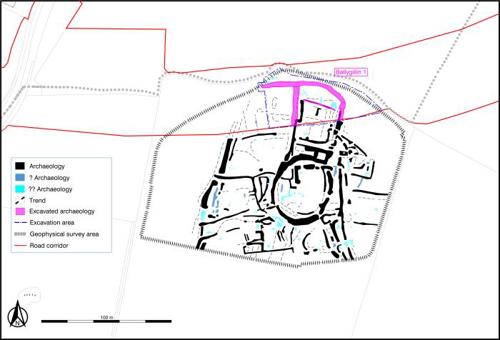 Geophysical survey results showing the field system around the central ditched enclosure (WM013-095) south of the new N52 Cloghan–Billistown road (Target Archaeological Geophysics). Top: Greyscale image overlying 2020 aerial photograph (Google, © 2021 CNES/Airbus) and depicting the extent of the road corridor. Bottom: Interpretation image showing the excavated area within the road corridor.