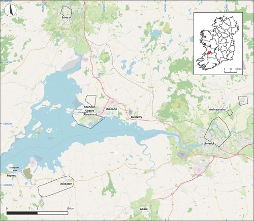 Illustration 9: Pillbox concentrations (outlined) around the wider Shannon Estuary, 1941, based on records in the Military Archives (base map: OpenStreetMap 2025)