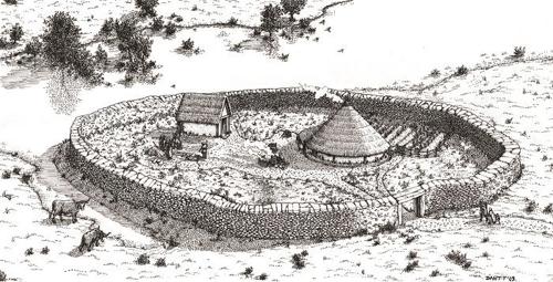 Reconstruction of the early medieval cemetery-settlement at Owenbristy, Co. Galway. Drawn by Dan Tietzsch-Tyler.