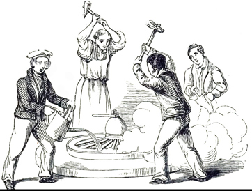 Illus. 6: ‘Hooping’ or tiring’ a wheel from a mid-19th-century woodcut (Penny Magazine 1841, 505).