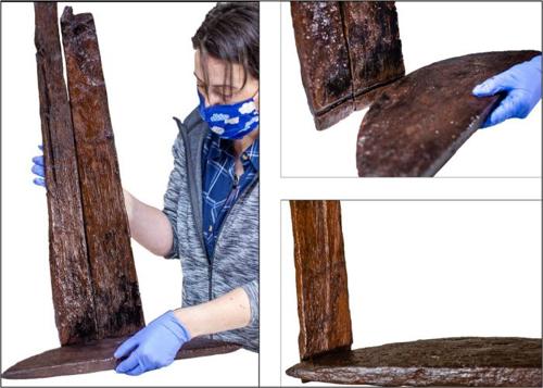 The vessel pre-conservation, interpreting its construction (Photos: John Channing, AMS).