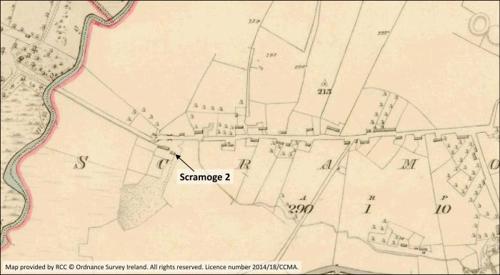 Map extract showing the village of Scramoge as depicted on the first-edition OS six-inch map